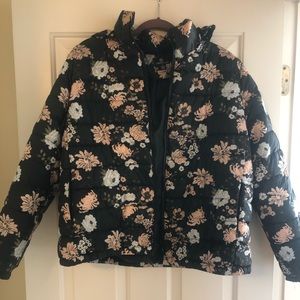 Floral and black puffer jacket with hood